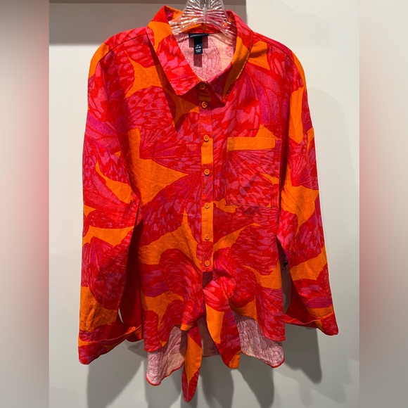 Scoop Vibrant Red and Orange Button-Up, Tie Waist Linen Blend Long Sleeve Shirt - Picture 1 of 11